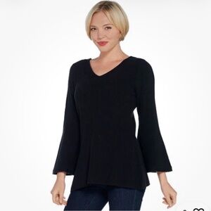 H by Halston Black Long Sleeve V-Neck Top with Bell Sleeves
